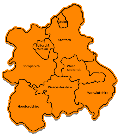 InstaFence coverage map showing Telford and Wrekin, Shropshire, Stafford, Stoke, the West Midlands, Worcestershire, Warwickshire and Herefordshire