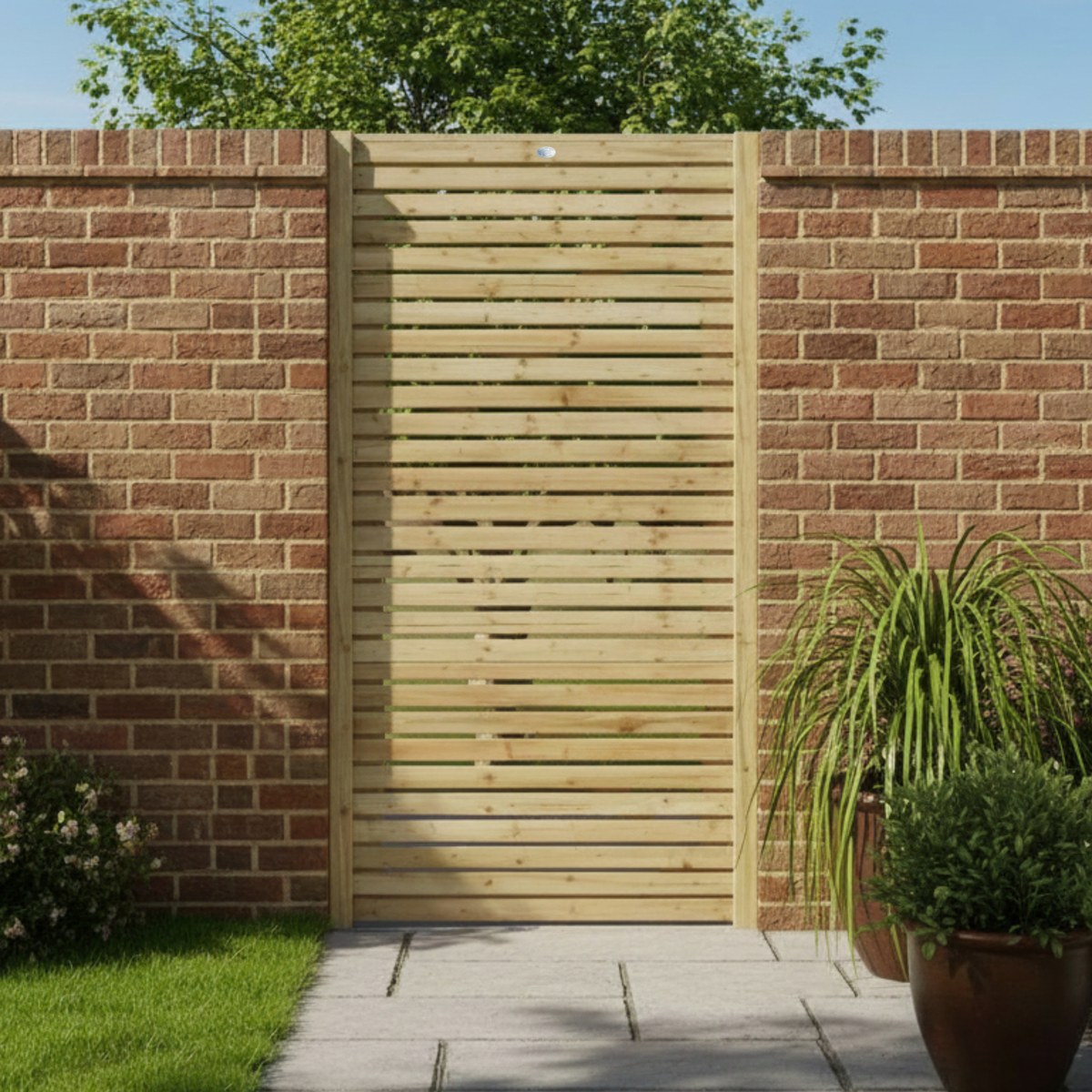 Natural timber garden gate with horizontal slats between brick walls