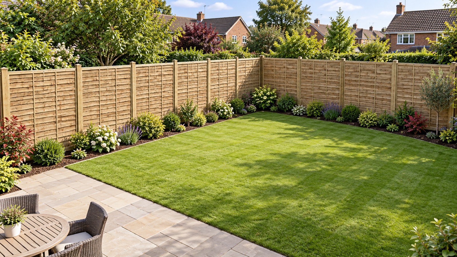 Garden visualisation showing 6ft lap fence panels with wooden posts in a maintained UK garden