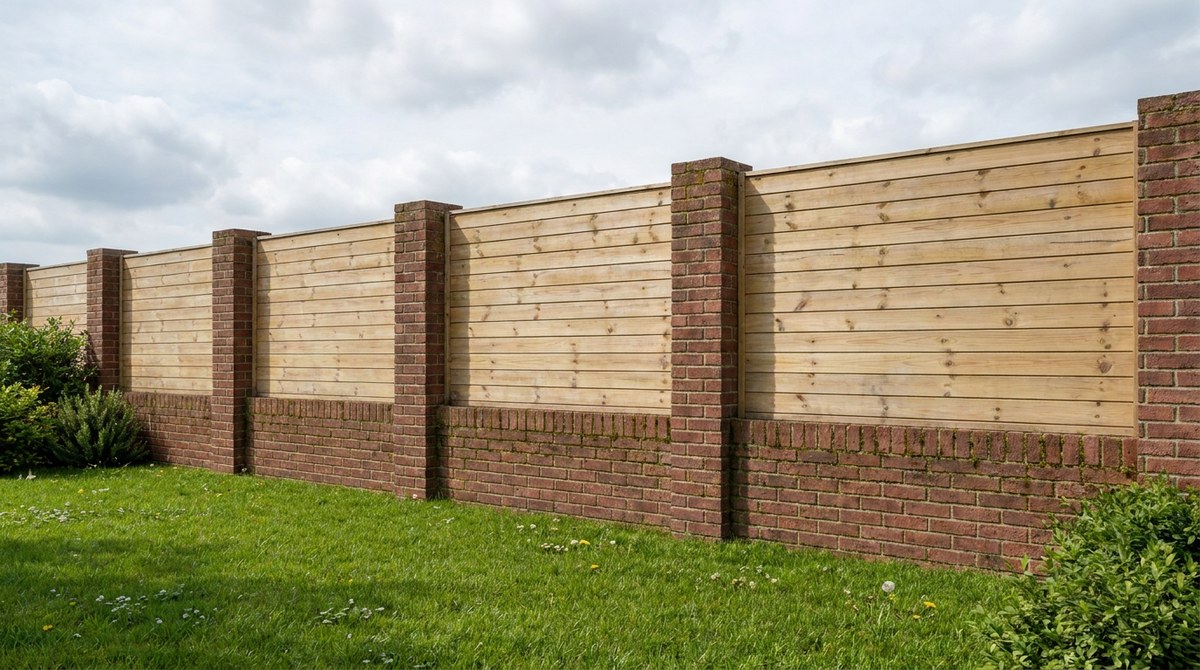 Horizontal timber boundary panels between brick pillars above a low brick wall