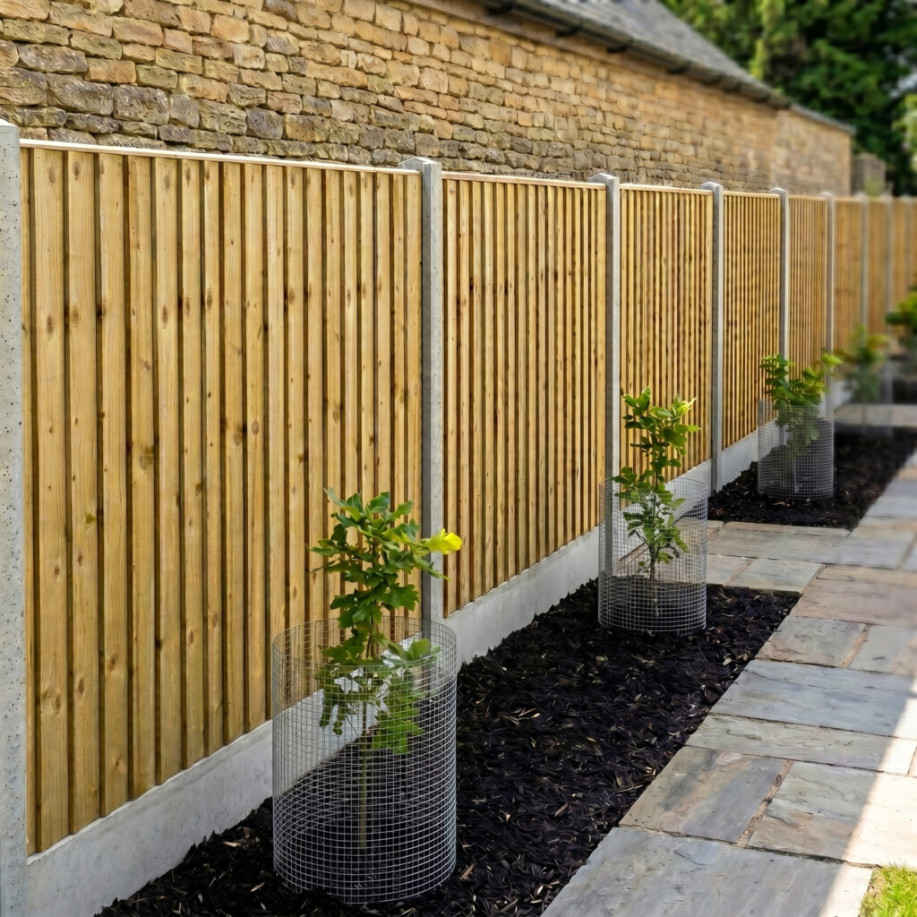 5ft feather edge panels above 1ft concrete gravel boards between concrete fence posts